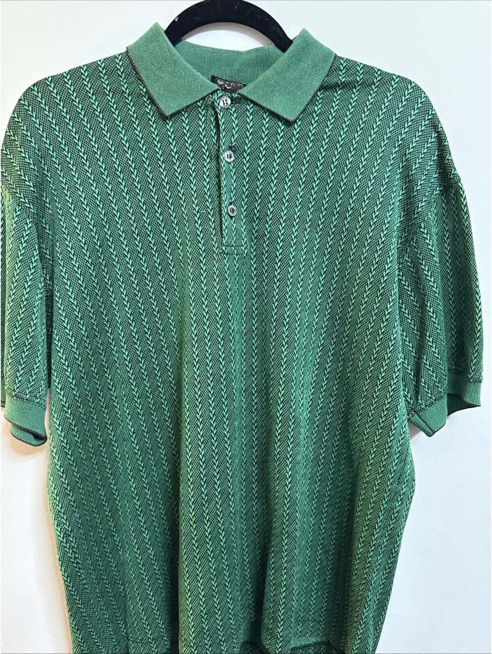 Vintage Como Sport Italian Polo Shirt Mens S Green Textured Knit Cotton Jacquard